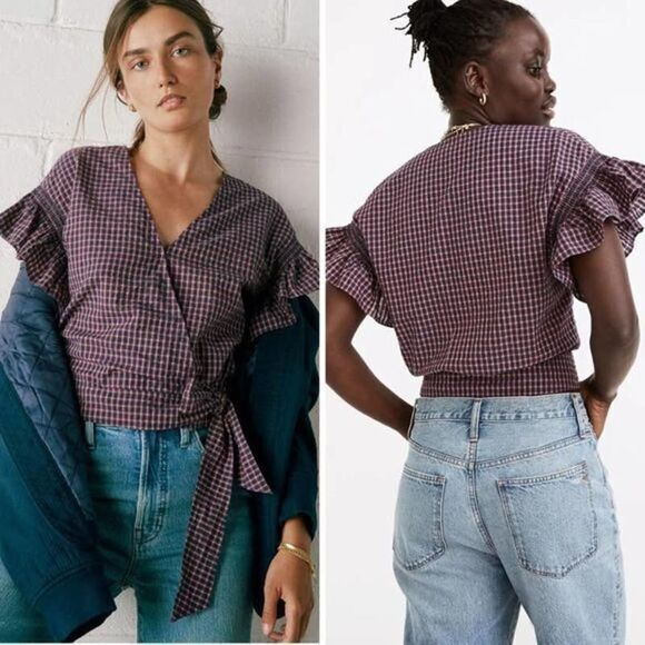 NEW Madewell Flutter-Sleeve Side-Tie Wrap Top in‎ Plaid, S - Picture 1 of 14